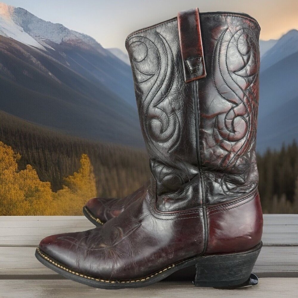 ✅Mens 8.5E VTG Portage Western Cowboy Boots Burgundy Leather Made In USA
